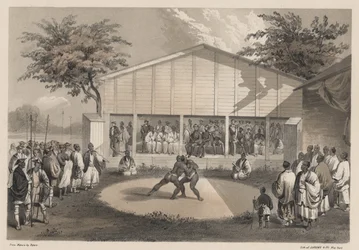 Wrestlers at Yokohama, litho by Sarony und Co.